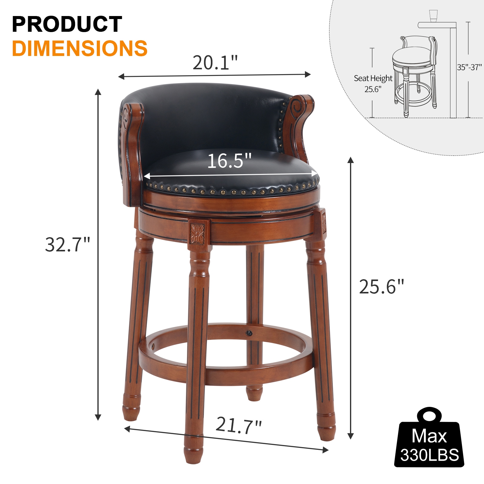 Seat height 26'' Cow top Leather Wooden Bar Stools, 360 Degree Swivel Bar Height Chair with Backs for Home Kitchen Counter